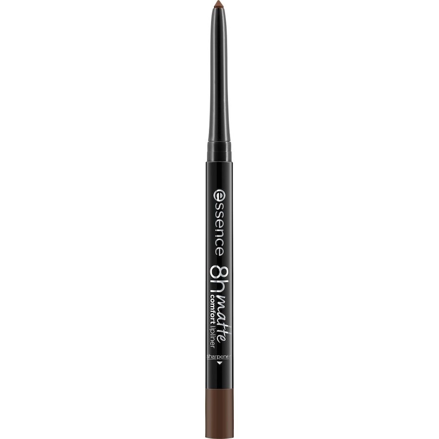 Matte lip pencil in a deep chestnut shade, featuring a sleek black casing with white text indicating "Essence 8H Matte Comfort" and shade number "11 Chestnut Perfection."