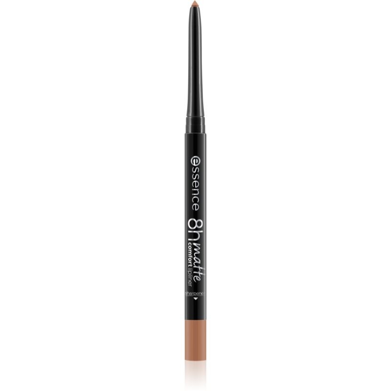 A sleek black lip pencil with a matte finish, labeled "8h Matte Comfort Lip Pencil" in white text, featuring the shade name "14-Because It's Iconic" and a soft, warm nude color.