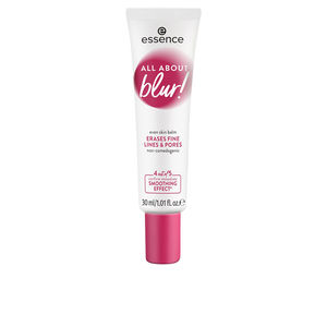 Essence ALL ABOUT Blur! Even Skin Balm in a 30 ml white tube with a pink cap, featuring bold text and a smooth, lightweight formula designed to minimize fine lines and pores.