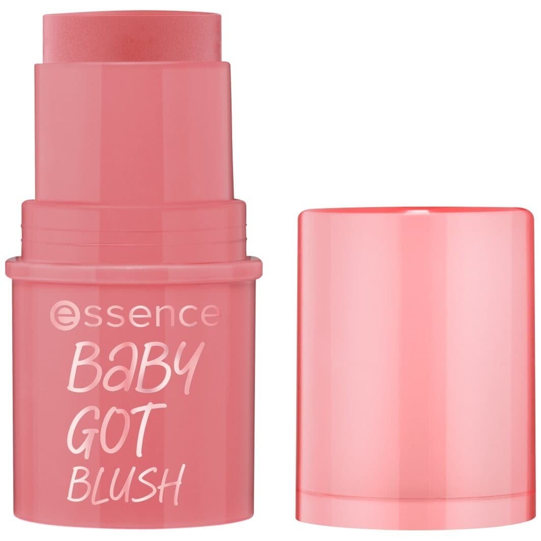 Pink cream blush stick with a twist-up design, featuring a clear cap and "essence BABY GOT BLUSH" printed in white on the side.