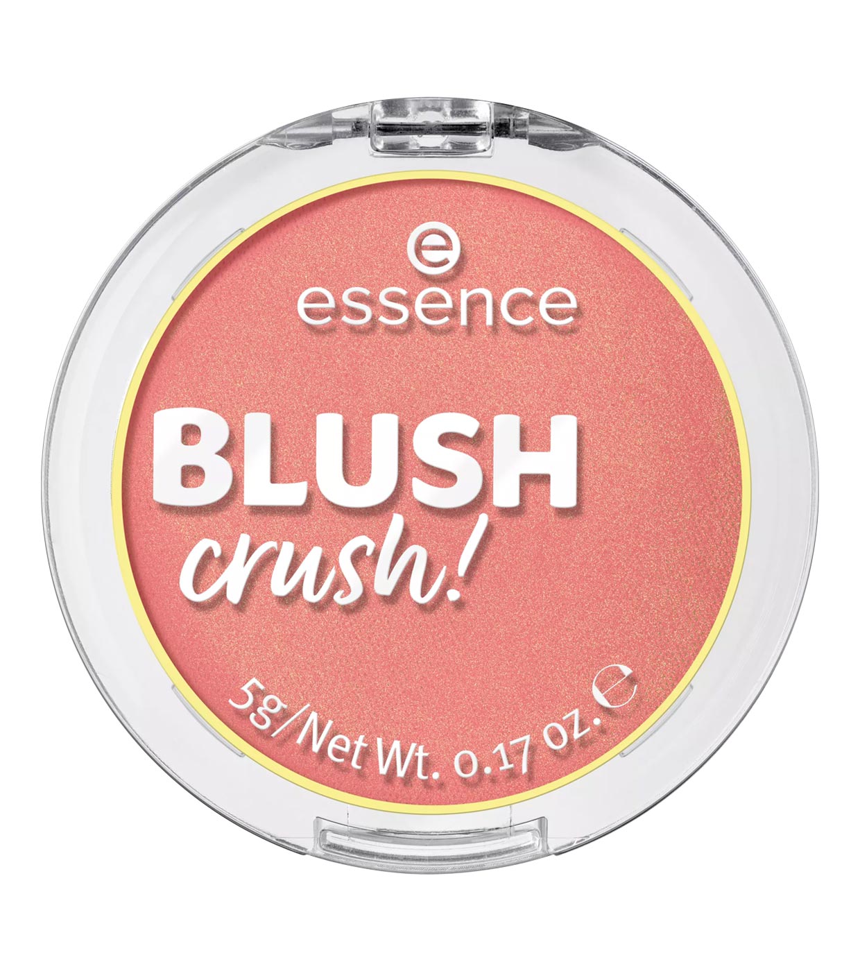 Essence Blush Crush! in shade 40 Strawberry Flush, a soft pink blush with a shimmer finish, housed in a clear compact with a yellow trim, weighing 5g.