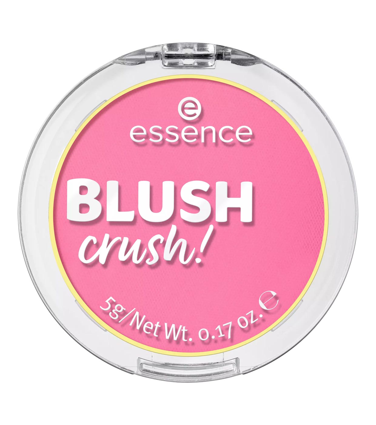 Round compact with a clear lid, featuring bright pink blush labeled "BLUSH crush!" in white and yellow text, containing 5g of product by Essence.