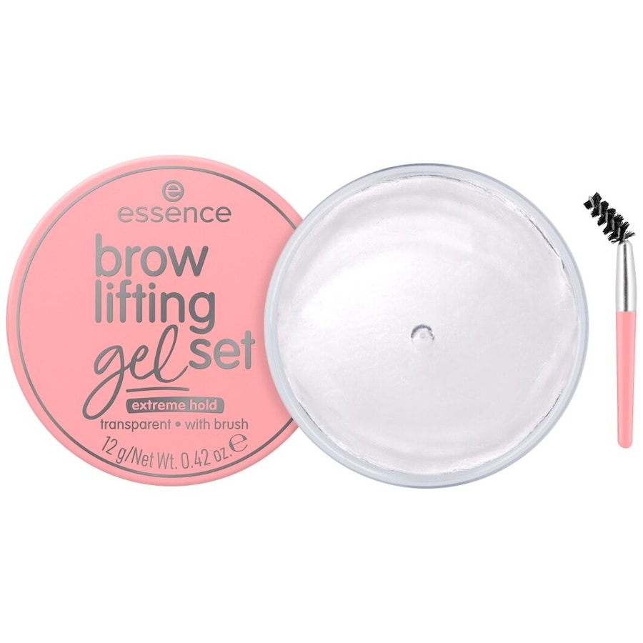 Transparent brow lifting gel in a pink container, featuring a clear lid and a small brush with a pink handle for application.