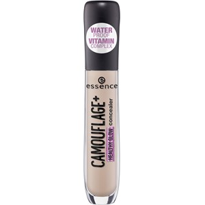 Camouflage+ Healthy Glow Concealer in shade 20 Light Neutral, featuring a clear tube, black cap, and purple label, emphasizing waterproof and vitamin complex benefits.
