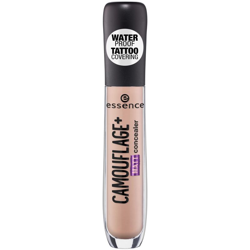 Light ivory concealer in a clear tube with a black cap, featuring a label that reads "Waterproof Tattoo Covering" and the brand name "essence" prominently displayed.