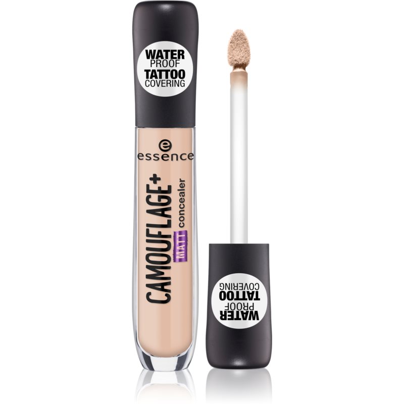 Essence Camouflage+ Matt Concealer in a clear tube with a black cap, featuring a doe-foot applicator, labeled as waterproof and tattoo covering, in a light beige shade.