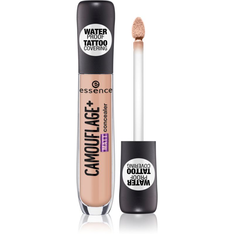 Essence Camouflage+ Matt Concealer in Medium Fawn, featuring a clear tube, a black cap, and a doe-foot applicator, labeled waterproof and tattoo covering.