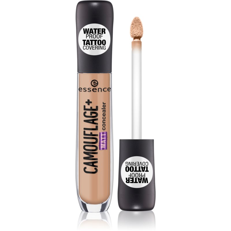 Essence CAMOUFLAGE + MATT Concealer in Shade 50 Warm Toast, featuring a sleek tube with a black cap and a doe-foot applicator, labeled waterproof and tattoo covering.