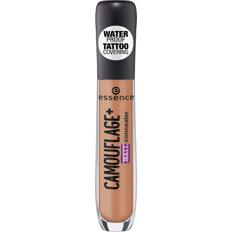CAMOUFLAGE+ Matt Corrector #70-dark by essence features a sleek tube with a black cap, a clear body showcasing a dark beige concealer, and a waterproof tattoo covering label.