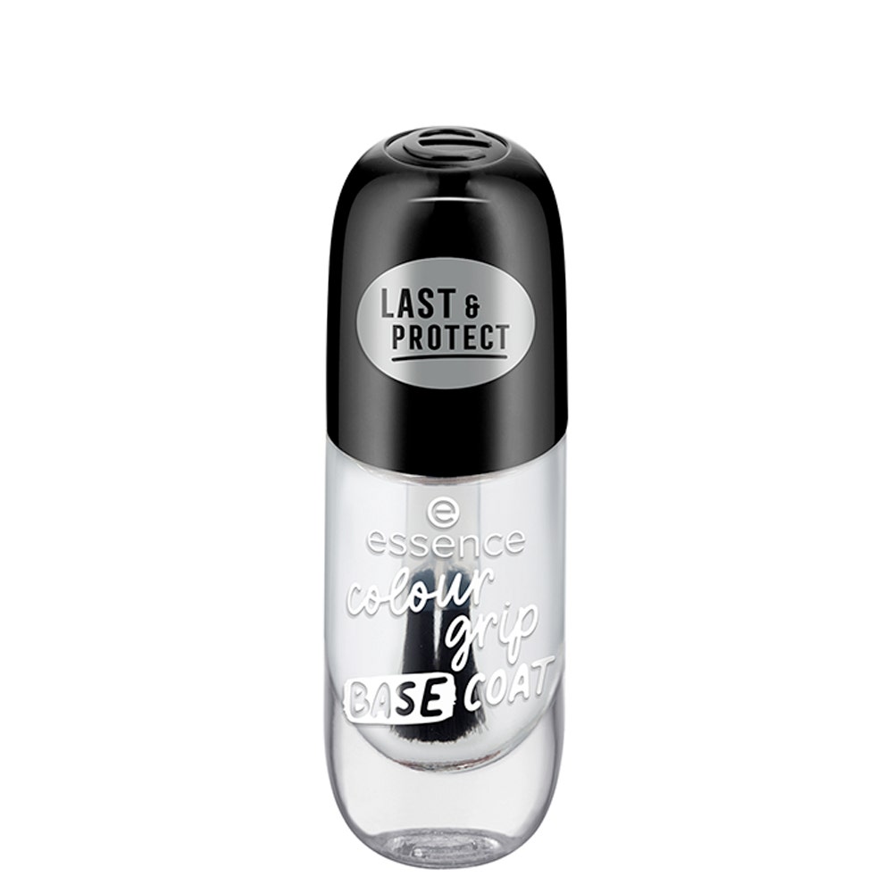 Clear nail polish in a sleek glass bottle with a black cap, featuring the text "LAST & PROTECT" and "colour grip BASE COAT" in white lettering on the front.