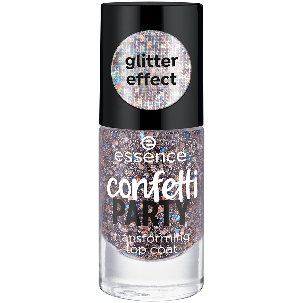 Clear nail polish with a glittery confetti effect, featuring a mix of colorful flecks, housed in a cylindrical bottle with a black cap and labeled "confetti PARTY" by essence.