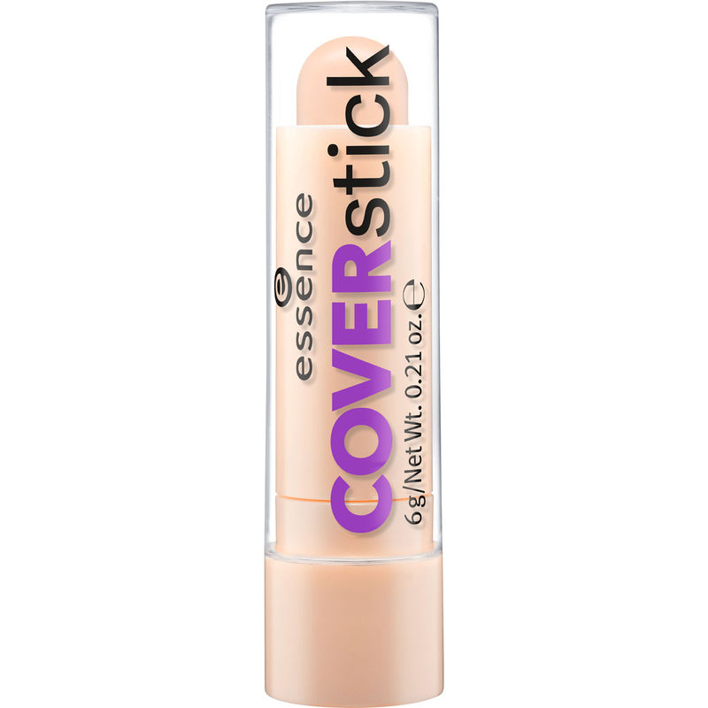 Light beige concealer stick in a clear tube with a twist-up mechanism, featuring "essence" and "COVERstick" branding in purple text.