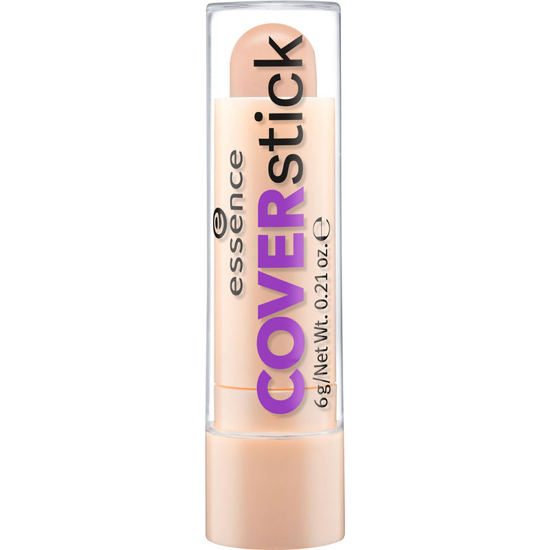 Light beige concealer stick in a clear plastic tube, featuring a twist-up design and labeled "essence COVERstick" in purple and black text.