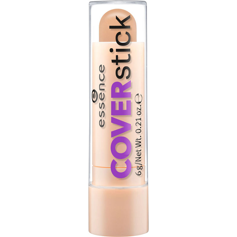 Light beige concealer stick in a clear plastic tube, labeled "essence COVERstick" in bold purple text, featuring a rounded tip for easy application.