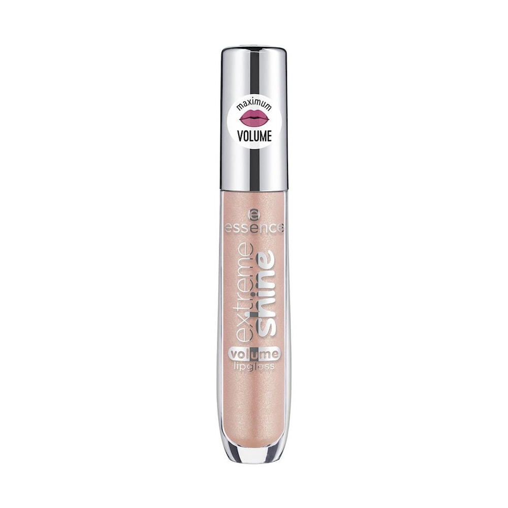 Clear tube of Essence Extreme Shine Volume Lipgloss in shade 08, featuring a shiny, light pink hue and a silver cap, with "maximum volume" label on the front.
