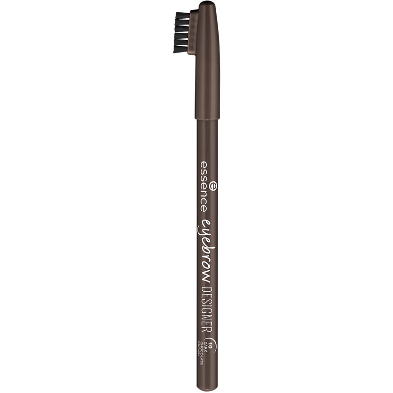 Dark chocolate brown eyebrow pencil with a fine tip for precise application, featuring a built-in spoolie brush for blending, labeled "essence Eyebrow Designer."