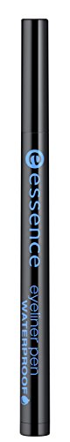 Black eyeliner pen with a sleek design, featuring a blue "essence" logo and the word "WATERPROOF" prominently displayed, measuring 0.03 oz.