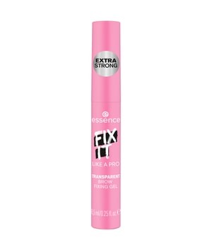 Transparent brow fixing gel in a sleek pink tube with black and white text, labeled "FIX IT LIKE A PRO" and "EXTRA STRONG," featuring a simple, modern design.