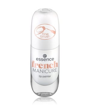 White bottle with a rounded cap, featuring a fine brush tip; labeled "Essence French Manicure Tip Painter 01 You're So Fine" in orange and black text.