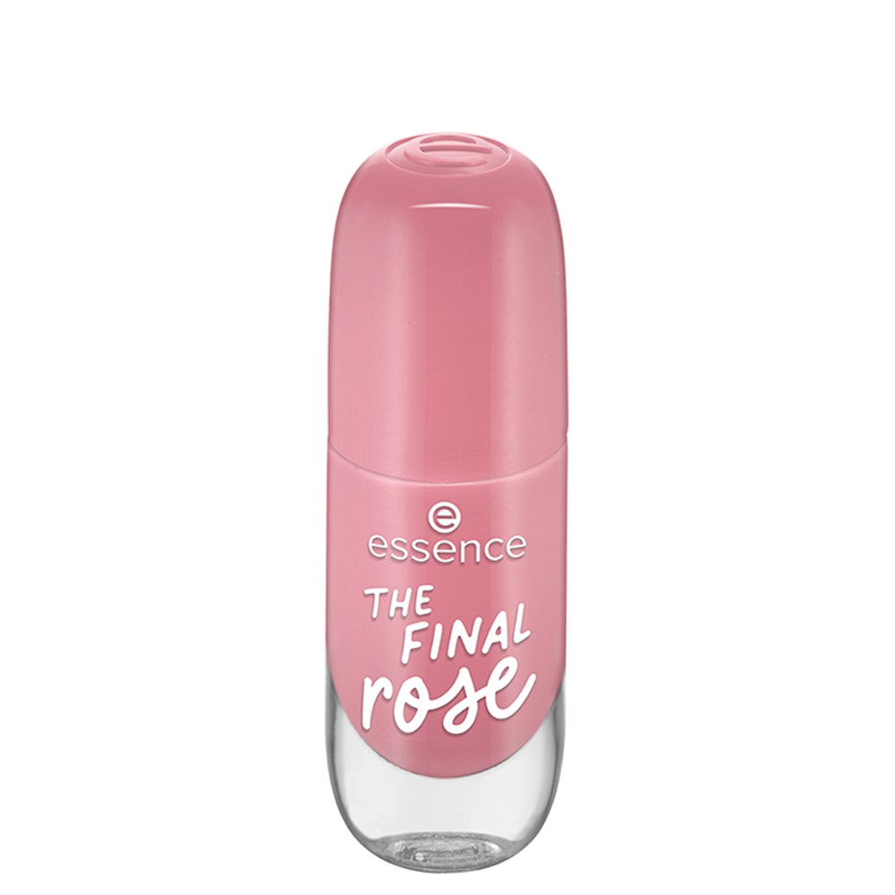 A sleek nail polish bottle with a rounded pink cap and clear base, labeled "the Final Rose" in white text, showcasing a soft rose-colored gel formula.