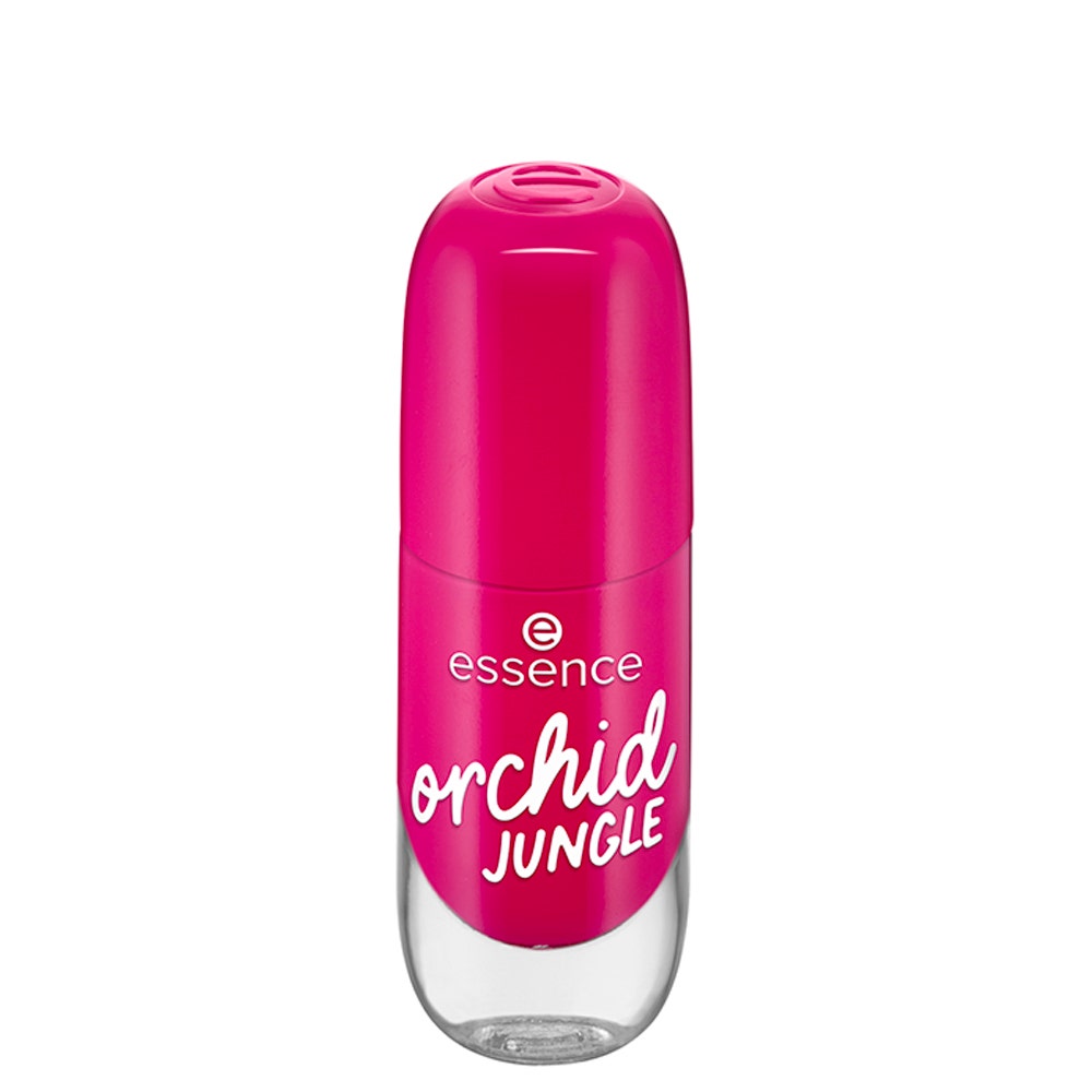 Bright pink gel nail color in a sleek bottle, labeled "Orchid Jungle" with a rounded cap and a clear base, showcasing the vibrant shade inside.