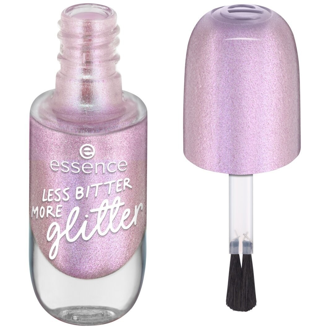 Sparkly lavender gel nail polish in an 8 ml bottle, featuring a glossy finish and a brush applicator, labeled "Less Bitter More Glitter" by essence.