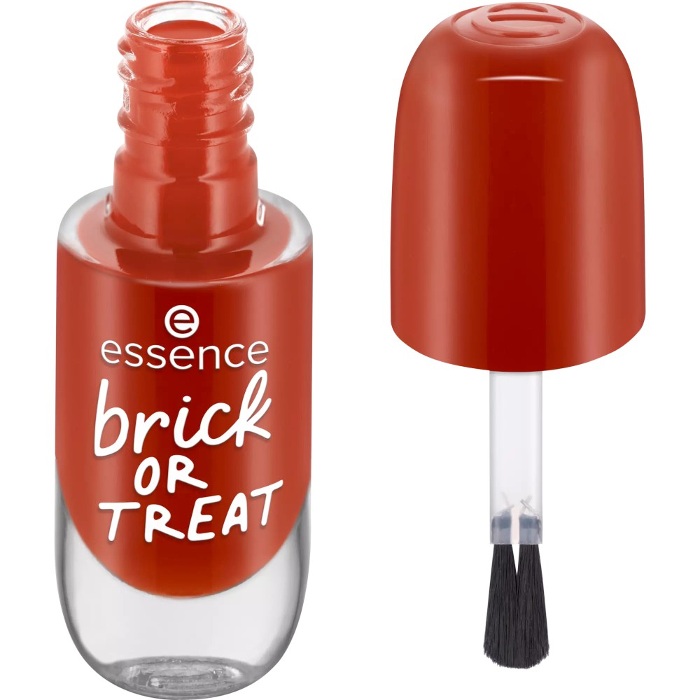 Essence Gel Nail Color Nail Polish in shade #59 "Brick or Treat," featuring a glossy deep brick red hue, clear glass bottle, and a black brush applicator.