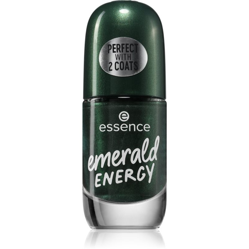 Dark green gel nail polish in an 8 ml bottle, labeled "emerald energy," featuring a shiny finish and a rounded cap, with a sticker indicating it works best with two coats.