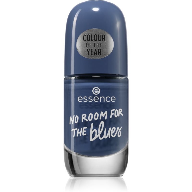 Essence Gel Nail Polish in a deep blue shade labeled "NO ROOM for the Blues," featuring a sleek bottle with a rounded cap and a silver "COLOUR OF THE YEAR" sticker.