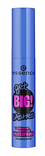 Bright blue mascara tube with bold pink and black text, labeled "Get Big! Lashes Volume Boost Waterproof," featuring a sleek, glossy finish and a standard mascara wand opening.