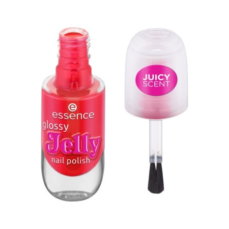 Glossy Jelly Nail Polish in vibrant pink shade #03-Sugar High, featuring a clear glass bottle, a wide brush applicator, and a cap labeled "Juicy Scent."