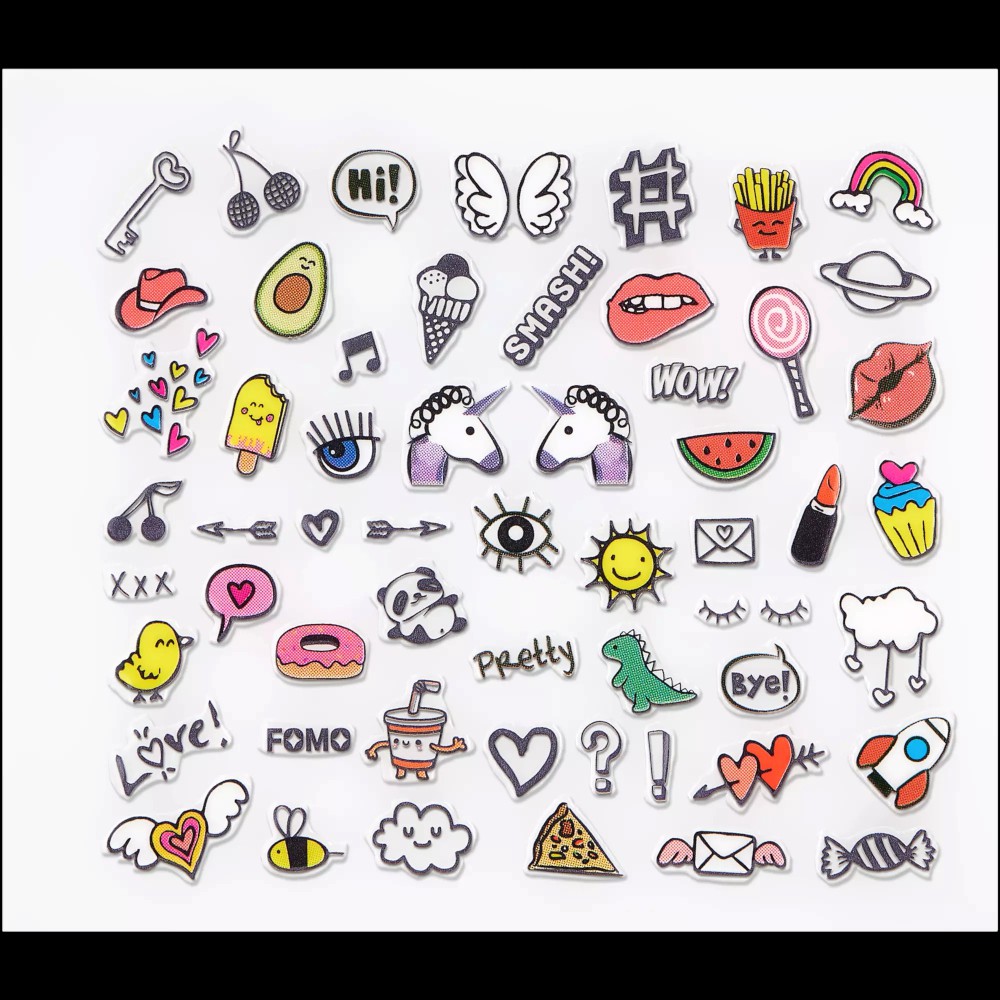 Colorful nail stickers featuring various designs like ice cream, lips, rainbows, and emojis, arranged in a grid on a white background, totaling 57 pieces.