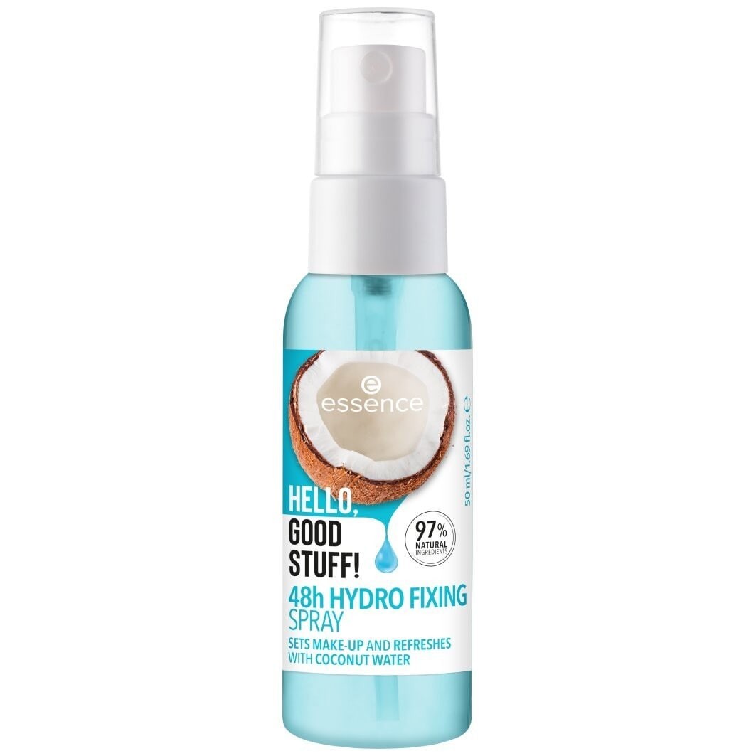Light blue spray bottle with a white pump, featuring a coconut image and "Hello, Good Stuff! 48h Hydro Fixing Spray" label, emphasizing 97% natural ingredients.