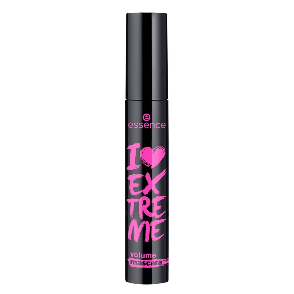 Black mascara tube with a glossy finish, featuring bold pink text that reads "I Love Extreme Volume" and the Essence logo, 0.4 fl oz size.