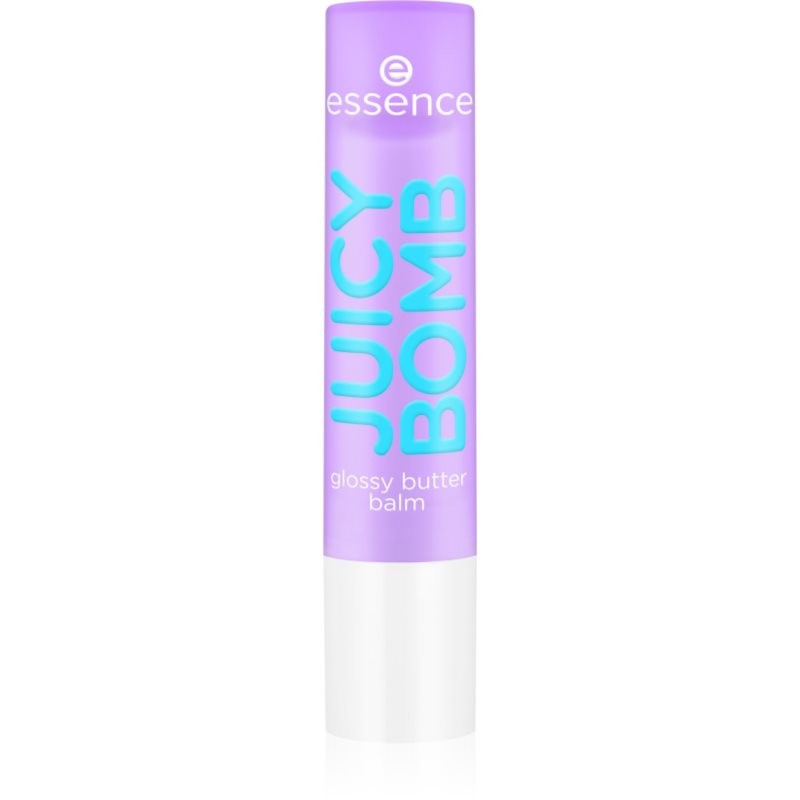 Lavender tube of Essence Juicy Bomb Glossy Butter Lip Balm labeled "JUICY BOMB" in bright blue, featuring a white base and the shade name "02 So Berry Cute."