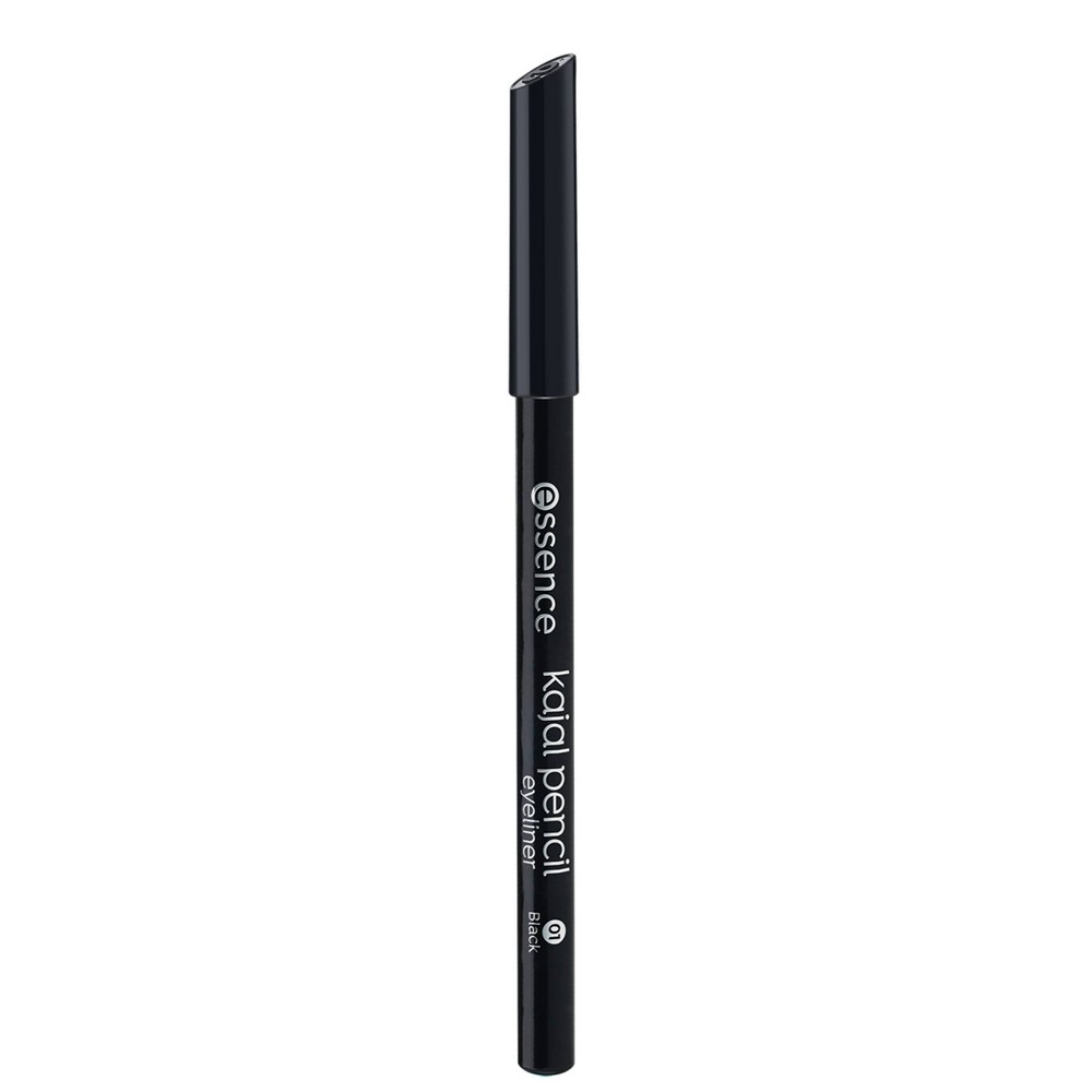 Black kajal pencil with a sleek design, labeled "Essence Kajal Pencil, 01 Black" in white text, featuring a sharpened tip for precise application.