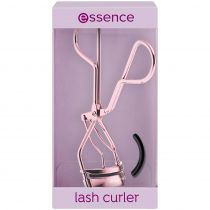 Rose gold eyelash tweezers with a sleek design, featuring a curved gripping end and a comfortable handle, packaged in a purple box with the essence logo.