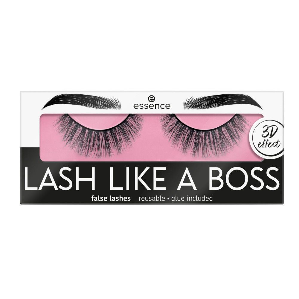 Essence Lash Like a Boss false lashes in style 05, featuring 3D effect, black synthetic fibers, and a pink backing, packaged in a sleek black box with bold text.