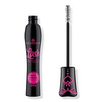 Black mascara tube with pink lettering, featuring a whimsical design, alongside a black wand with a spiraled brush for curling and volumizing lashes, labeled gluten and cruelty-free.