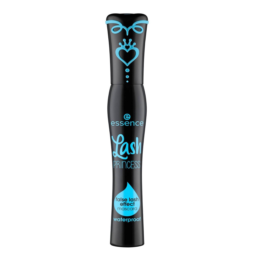 Black mascara tube with a sleek design, featuring a turquoise crown and text stating "Lash Princess" and "waterproof," emphasizing its false lash effect.