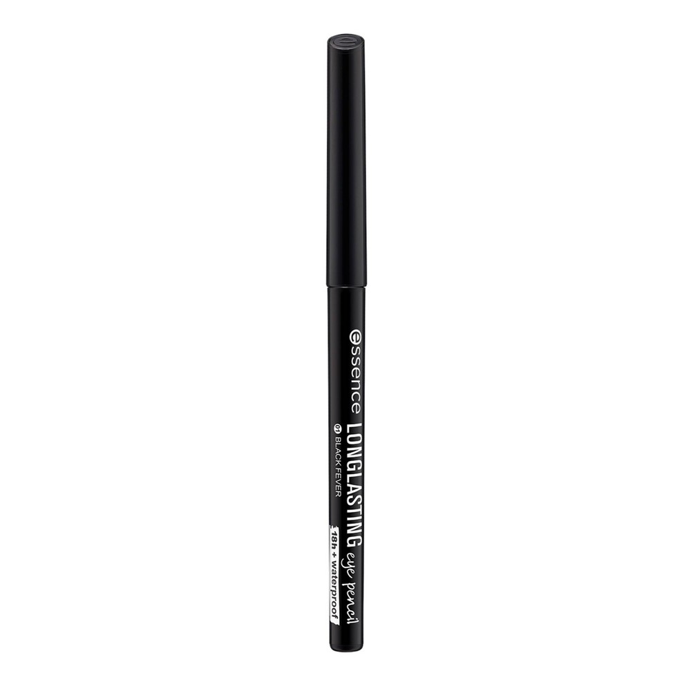 Black retractable eye pencil labeled "Essence Long-Lasting Eye Pencil, 01 Black Fever," featuring a sleek design with a matte finish and white text detailing.
