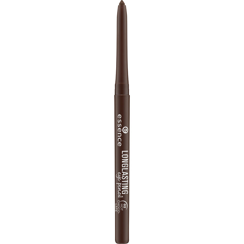 Essence Long-Lasting Eye Pencil in shade 02 Hot Chocolate, featuring a sleek brown pencil design with a pointed tip for precise application.