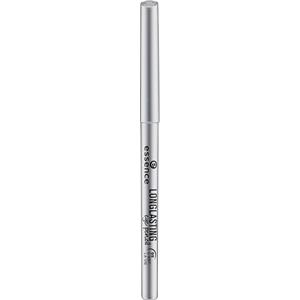 Silver retractable eye pencil with a sleek design, featuring "essence" branding and "long-lasting" text on the barrel, ideal for precise application.