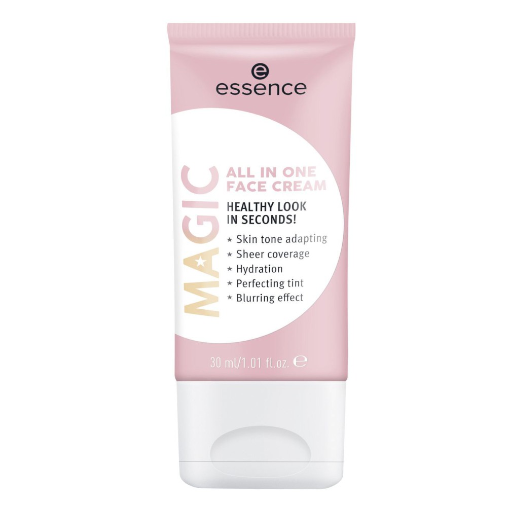 Light pink tube of Essence Cosmetics Magic All in One Face Cream, 30ml, featuring bold text highlighting skin tone adapting, sheer coverage, hydration, and a blurring effect.