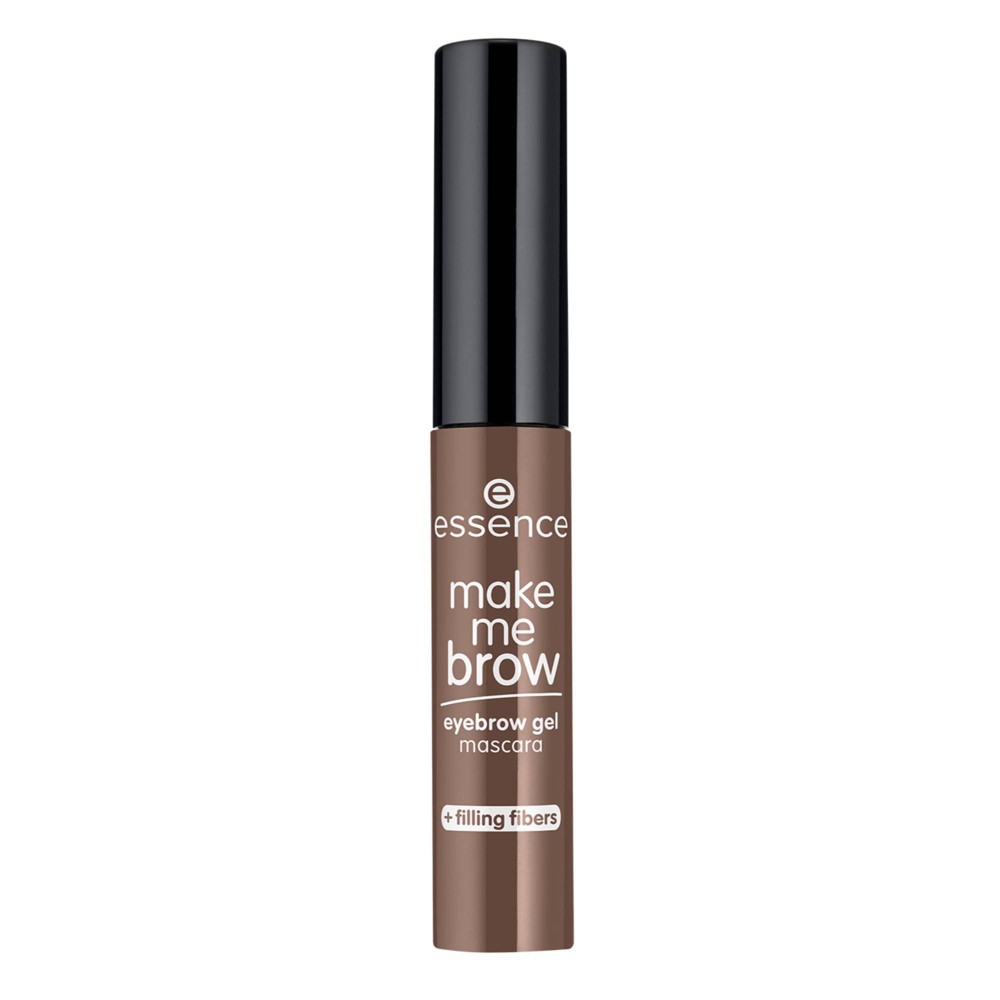 Essence Make Me Brow Eyebrow Gel Mascara in shade 02 Browny Brows features a sleek black cap and a brown tube with a label highlighting its filling fibers for fuller brows.