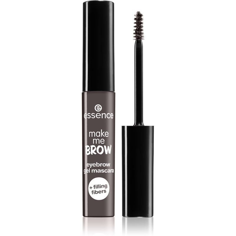 Essence Make Me Brow Eyebrow Gel Mascara in Ashy Brows 04 features a sleek black tube with a small brush applicator and claims to add filling fibers for enhanced eyebrow definition.