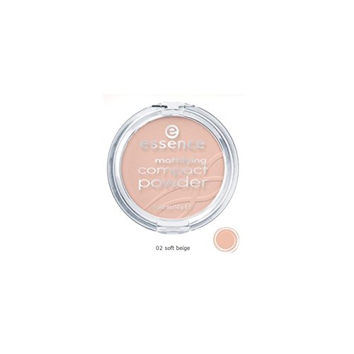 Essence Mattifying Compact Powder in shade 02 Soft Beige, featuring a clear circular case with a light beige powder and embossed design on the surface.