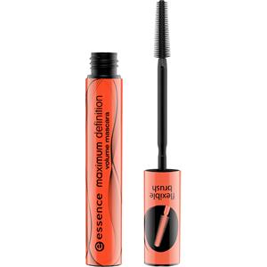 Bright orange tube of "Essence Maximum Definition Mascara" with a flexible black brush, designed for volume and definition, featuring a sleek, modern design.