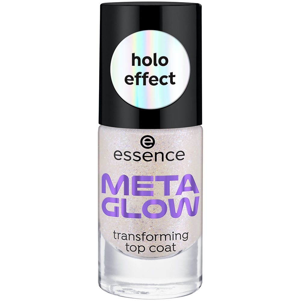 Clear nail polish bottle with a holographic effect, featuring a black cap and a label that reads "META GLOW" in purple, highlighting its transforming top coat properties.