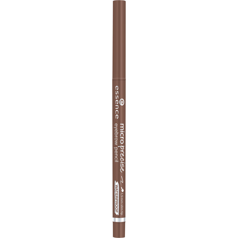 Microprecise waterproof eyebrow pencil in light brown, featuring a slim design, a twist-up mechanism, and clear labeling with the essence logo and product details.